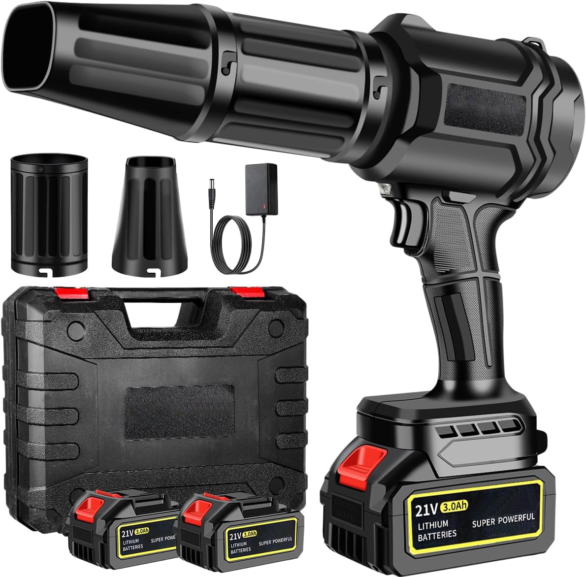 Soplador de hojas inalámbrico, 300000 RPM,2 baterías de 3,0 Ah y cargador incluidos, 30 m/s, flujo de aire turbo, sin escobillas, ligero y portátil para jardín, patio, coche y camping (Nero)