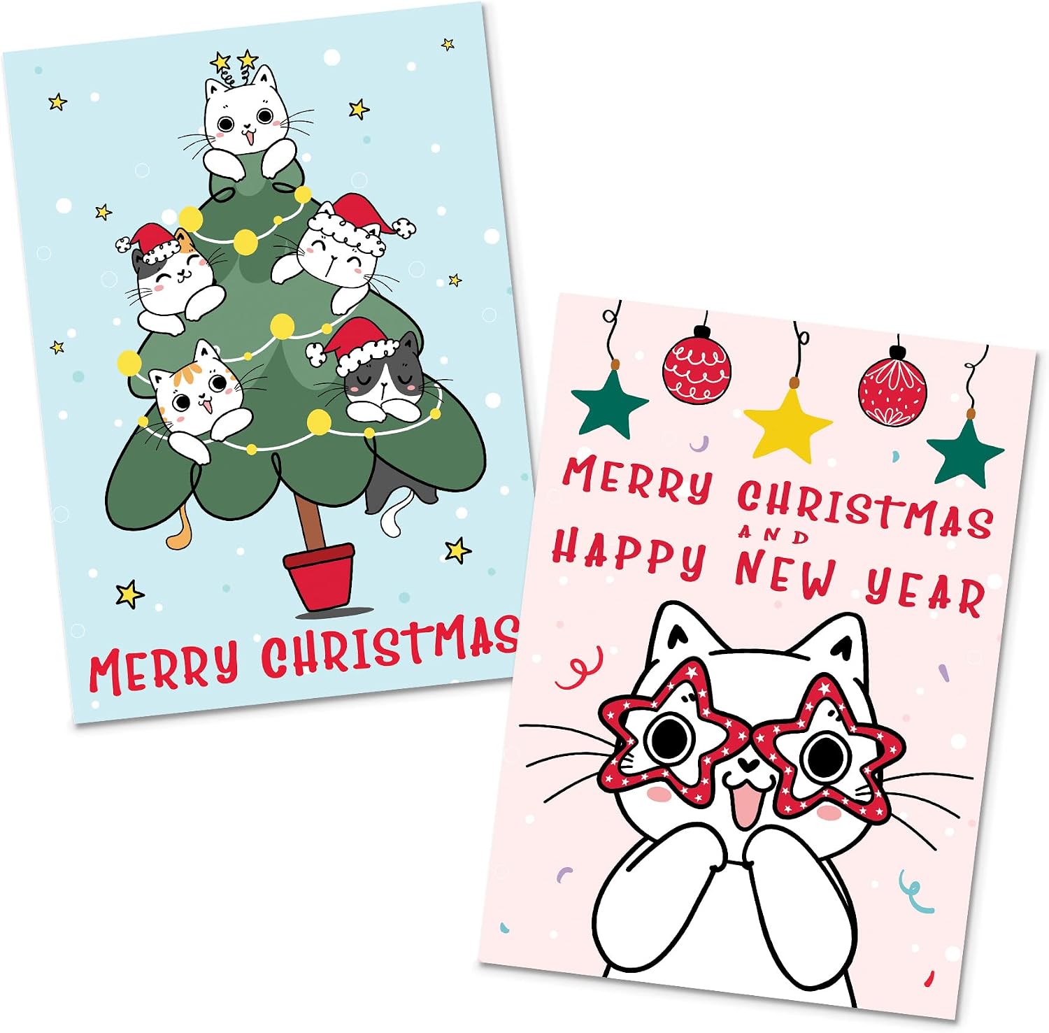 Cute Christmas Greeting Card with Envelope – Kawaii Cat Kitten Penguin X-mas Cards - Set of 10 Cards