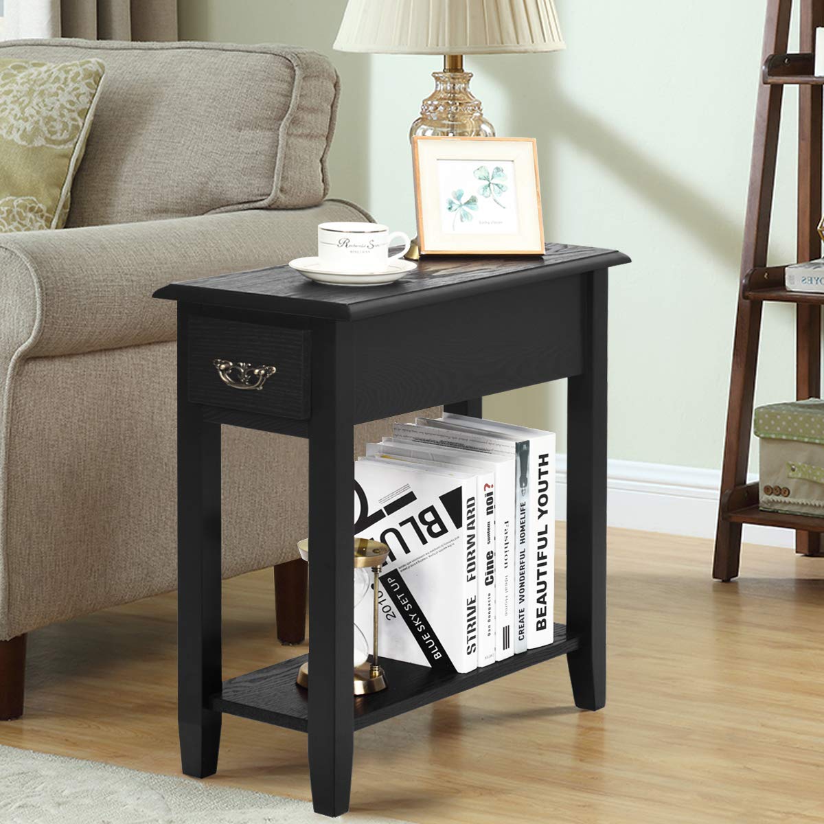 Tangkula Narrow End Table, Slim Side Table with Drawer and Open Shelf, Small End Tables for Small Spaces, Narrow Nightstand Bedside Table for Living Room Bedroom, 9.8 x 23.6 x 23.6 inches (1, Black)