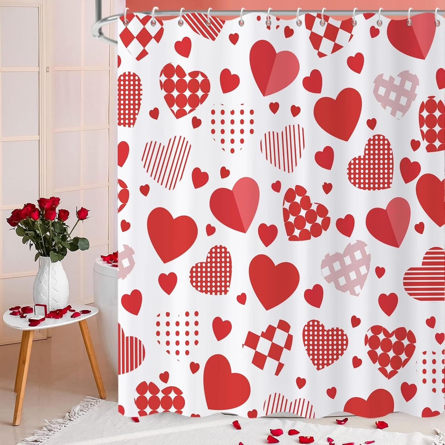 Valentines Day Shower Curtain Pink Red Sweet Love Heart Romantic Girly Bathroom Curtain Waterproof Polyester Fabric Bath Curtain 72 x 72 Inch with 12 Hooks