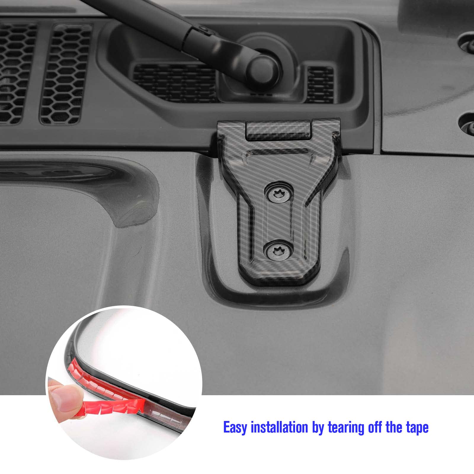 Lot de 2 protections de charnière de capot compatibles avec Jeep Wrangler JL JLU et Gladiator JT 2018-2023, accessoires extérieurs en fibre de carbone pour charnières de capot avant, plastique