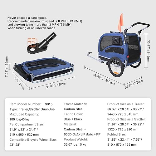 Miniatura 7 de VEVOR Dog Bike Trailer, Supports up to 6688100 lbs, 2-in-1 Pet Stroller Cart Bicycle Carrier, Easy Folding Cart Frame with Quick Release Wheels,
