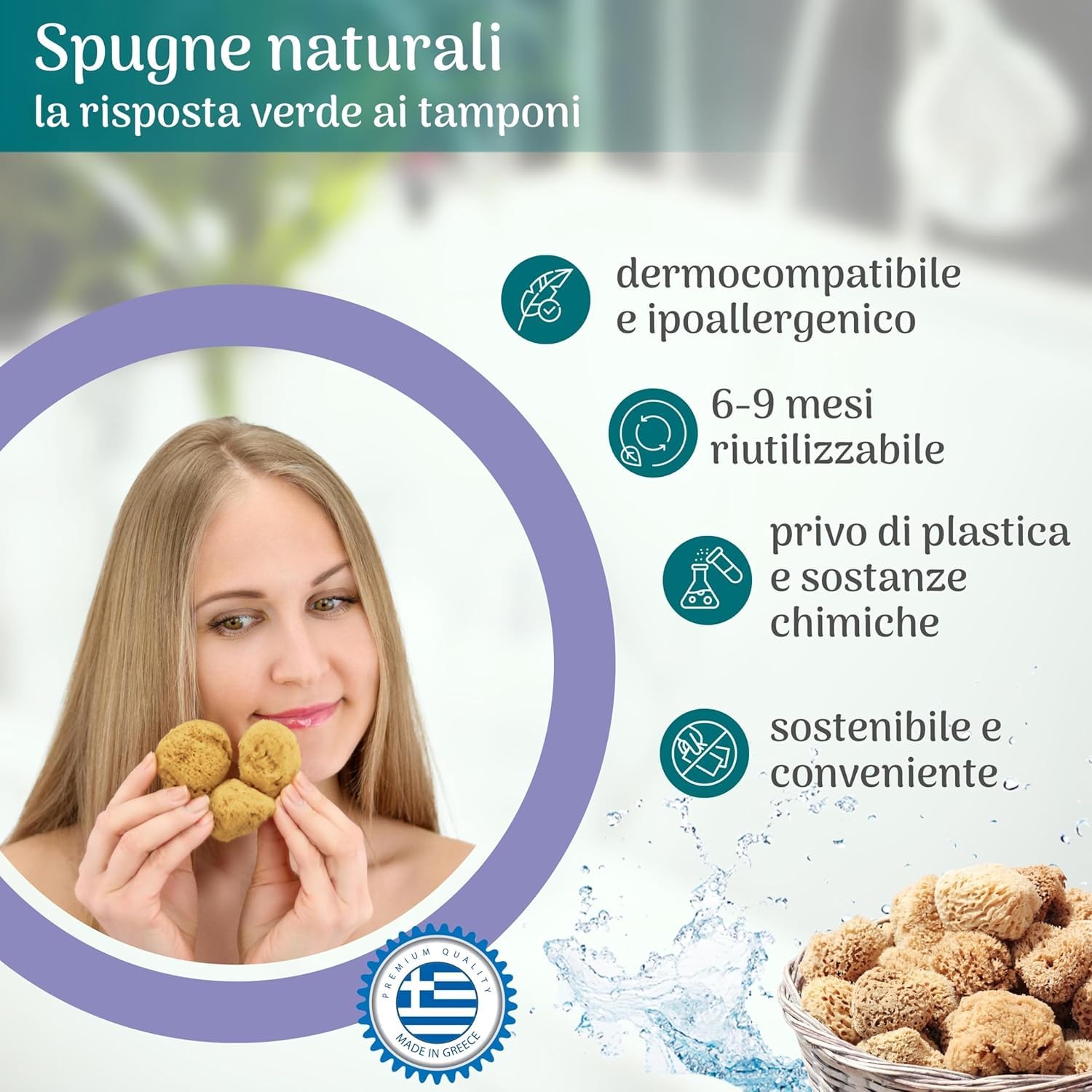 Spugna Naturale del Mediterraneo per il Corpo, Non Sintetica (5 PEZZI - SPUGNA MESTRUALE GRANDE DA 6-7 CM)