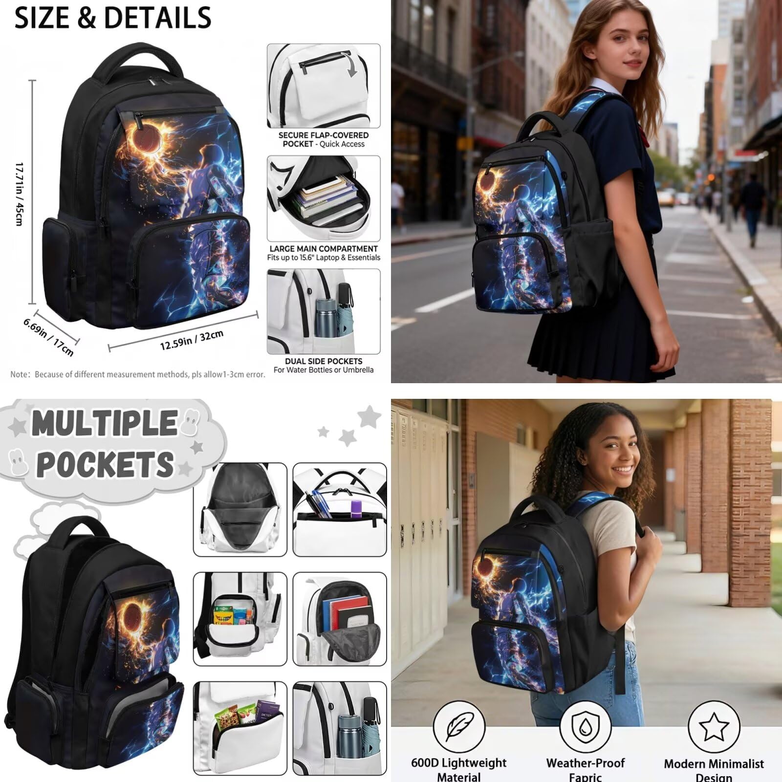 COEQINE Mochila deportiva para niños de 8 a 12 años con fiambrera, bolsa escolar de primaria, bolsa para viajes, estuche para lápices, llaveros, Basketball Lightning Blue Black Sport Player, M