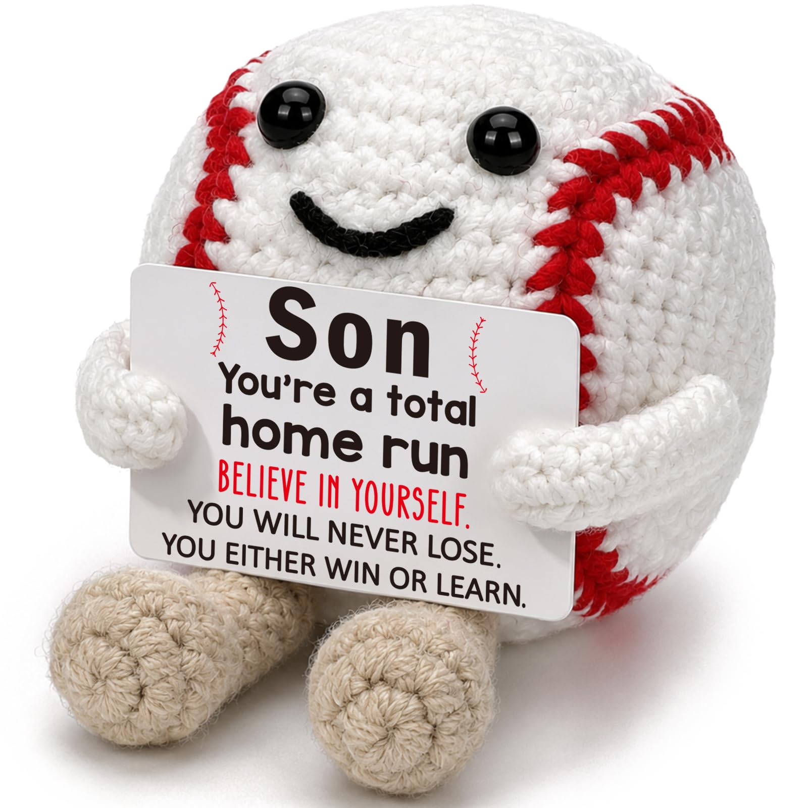 Regalo de béisbol de ganchillo hecho a mano, adorno tejido con base motivacional de escritorio 7