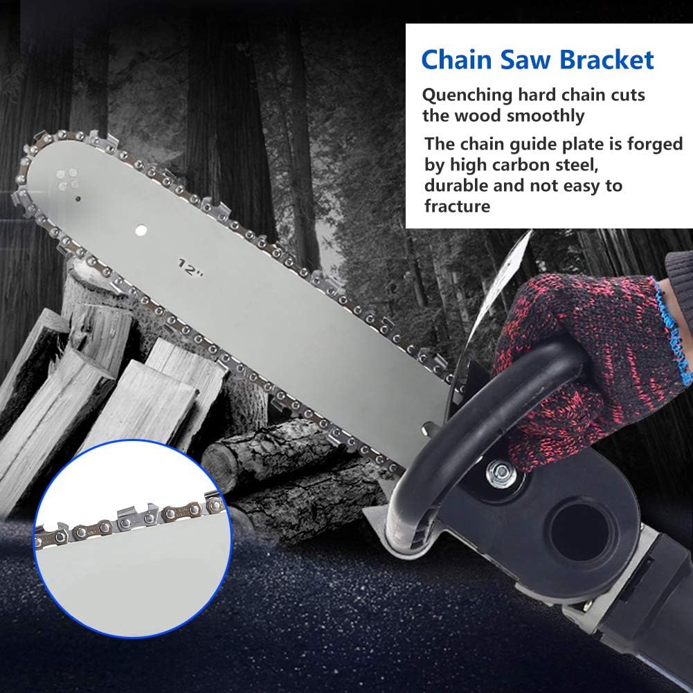 Close-up of the chainsaw guide bar and chain, highlighting the high carbon steel construction.