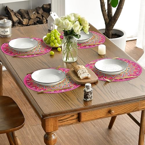 Miniatura 6 de Artoid Mode Juego de manteles individuales redondos de mandala rosa y amarillo de 14 pulgadas para decoración de fiestas, cocina, comedor