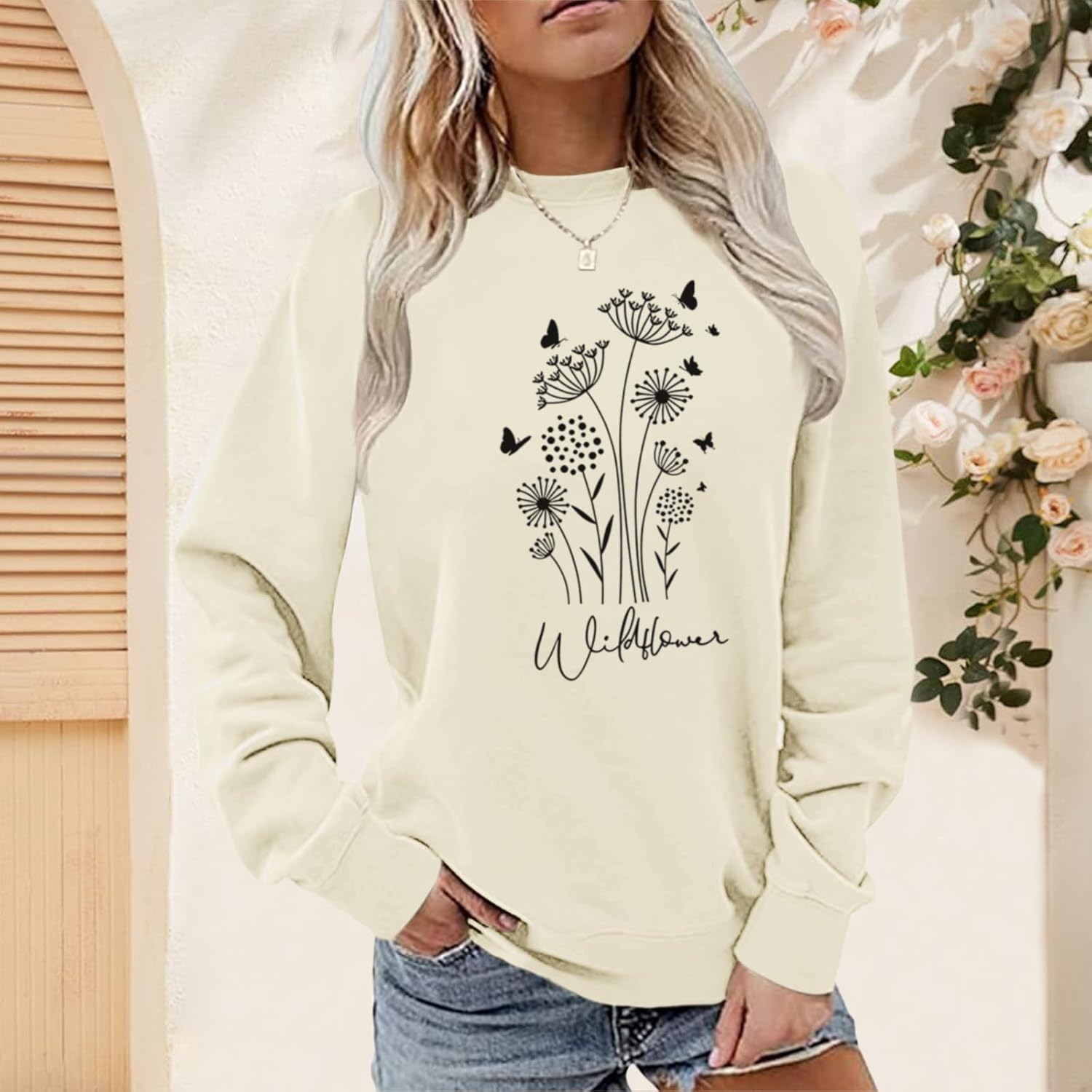 Bobeutou Flower Graphic Sweatshirt for Women 80s Vintage Minimalistic Floral Printed Long Sleeves Shirt Loose Pullovers Tops - Image 3