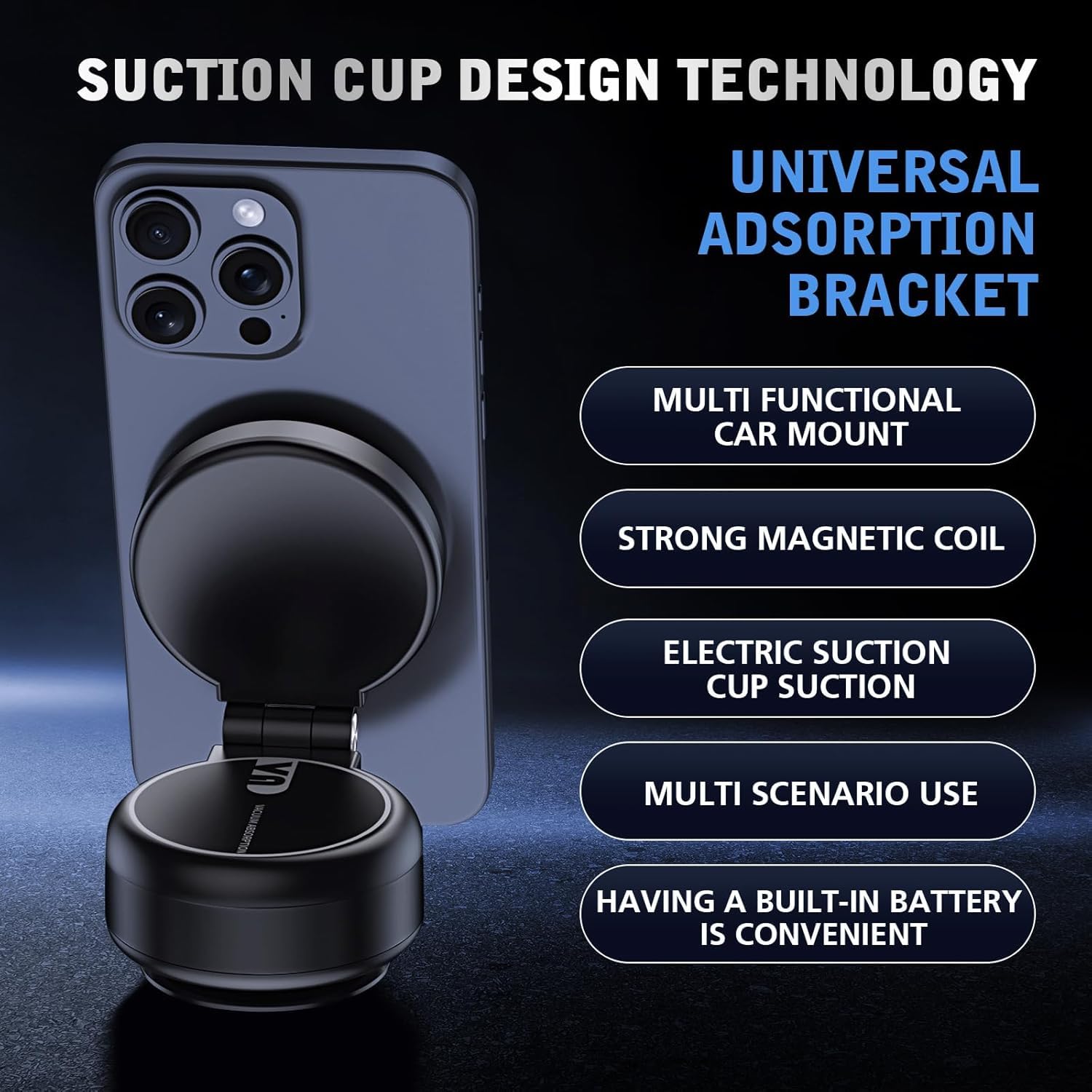 Support de téléphone magnétique à ventouse électrique, support de téléphone à ventouse réglable pour voiture, support de téléphone magnétique double face pliable, support de téléphone magnétique
