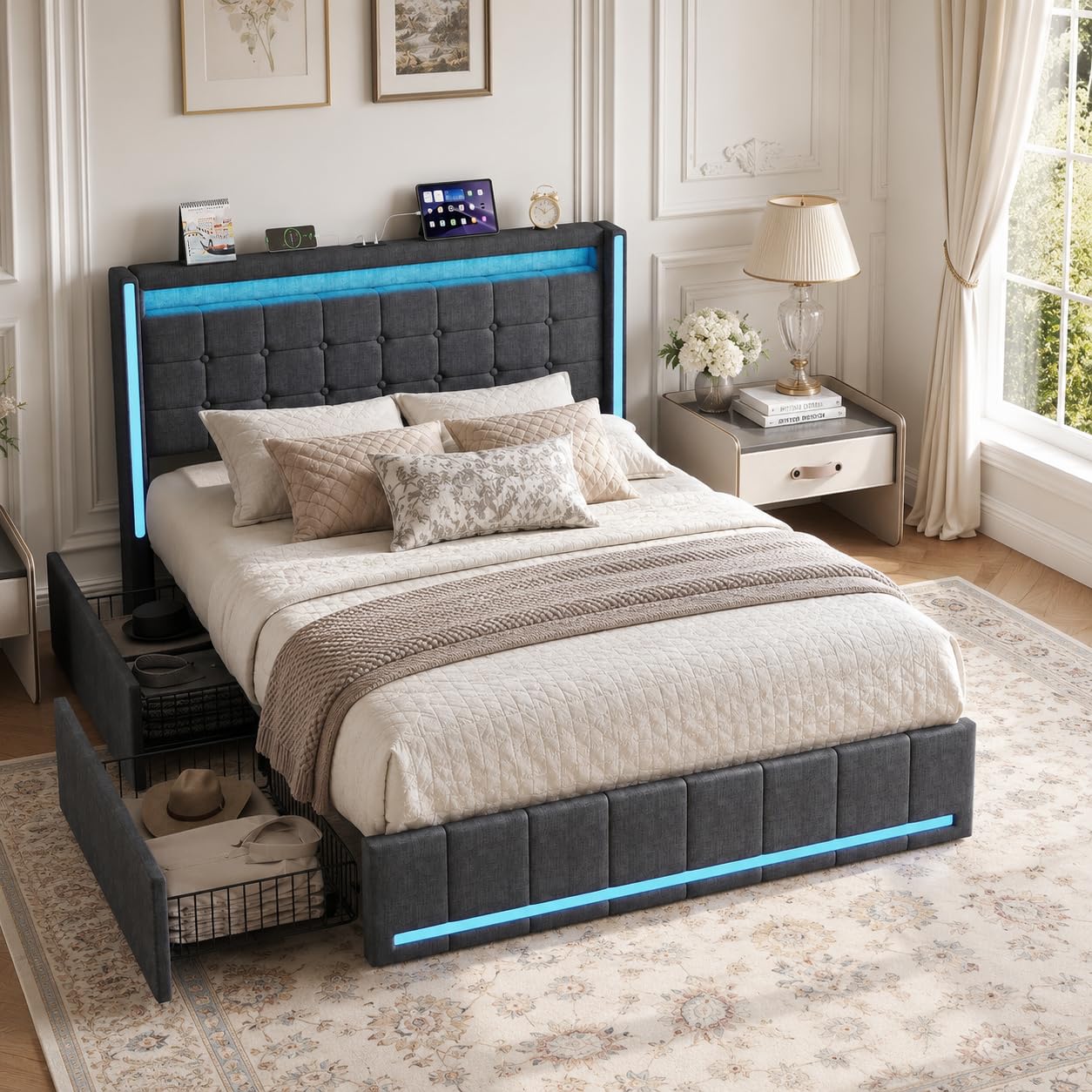 4FT6 Double Storage Bed Frame with Drawers, LED & USB (Grey, 135x190cm)