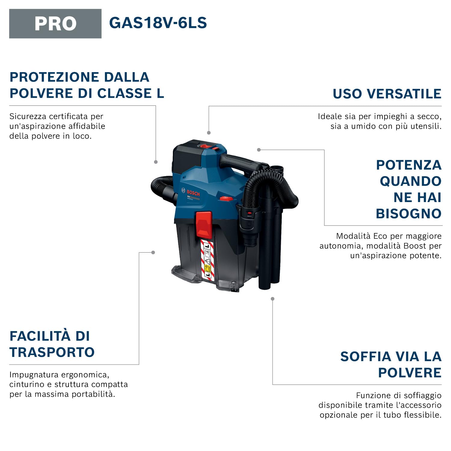 Bosch PRO 18V System Aspiratore a batteria GAS18V-6LS (incl. tubo flessibile, tubo a gomito, bocchetta per fessure, bocchetta per pavimenti, adattatore PT, tubi, borsa in tessuto)