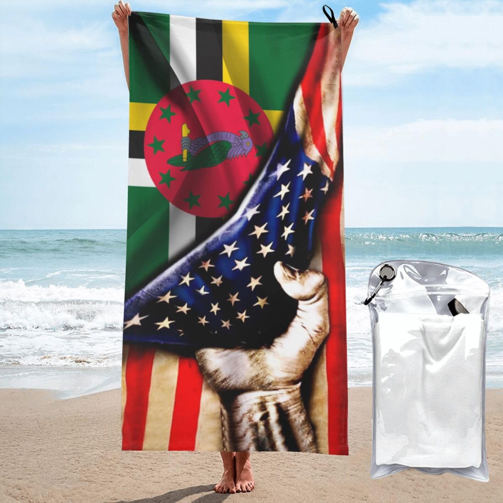 HACXZ Microfiber Beach Towel America Flag and Dominica Dominican Flag Large Camping Towel Bathroom Beach Towels