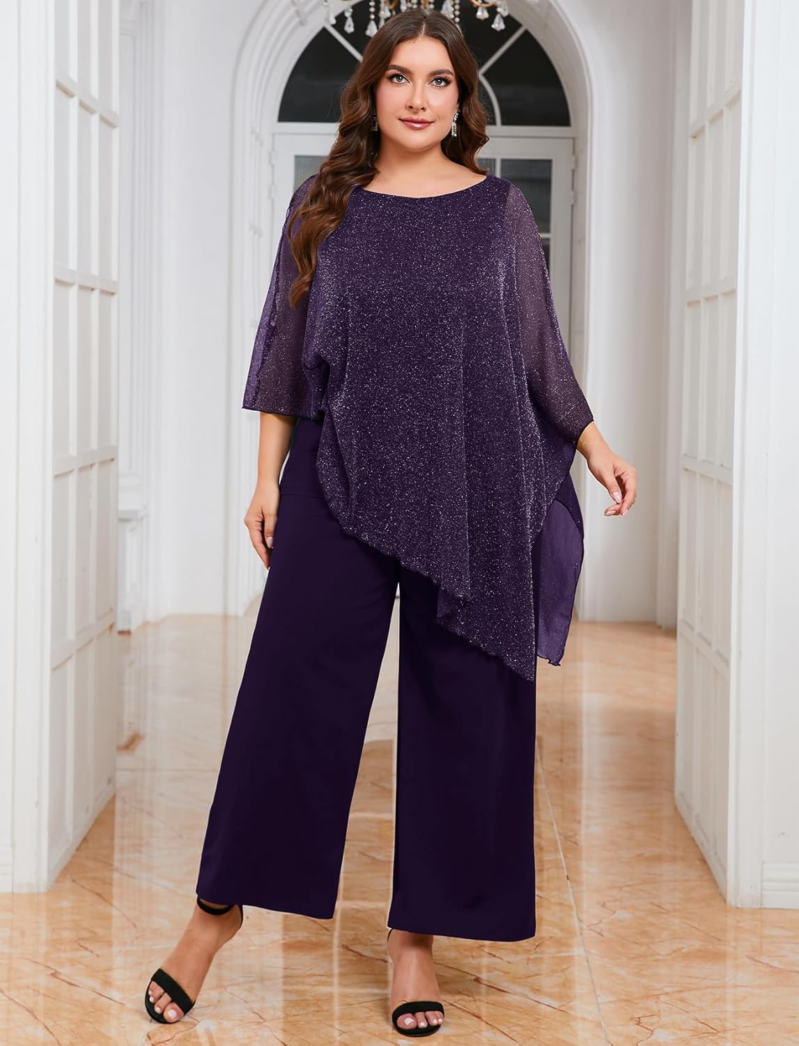 ZOMVA Plus Size Mother of The Bride Pant Suits Dressy 2 Piece Asymmetric Cape Set with Pockets Wedding Guest Outfit - Image 5