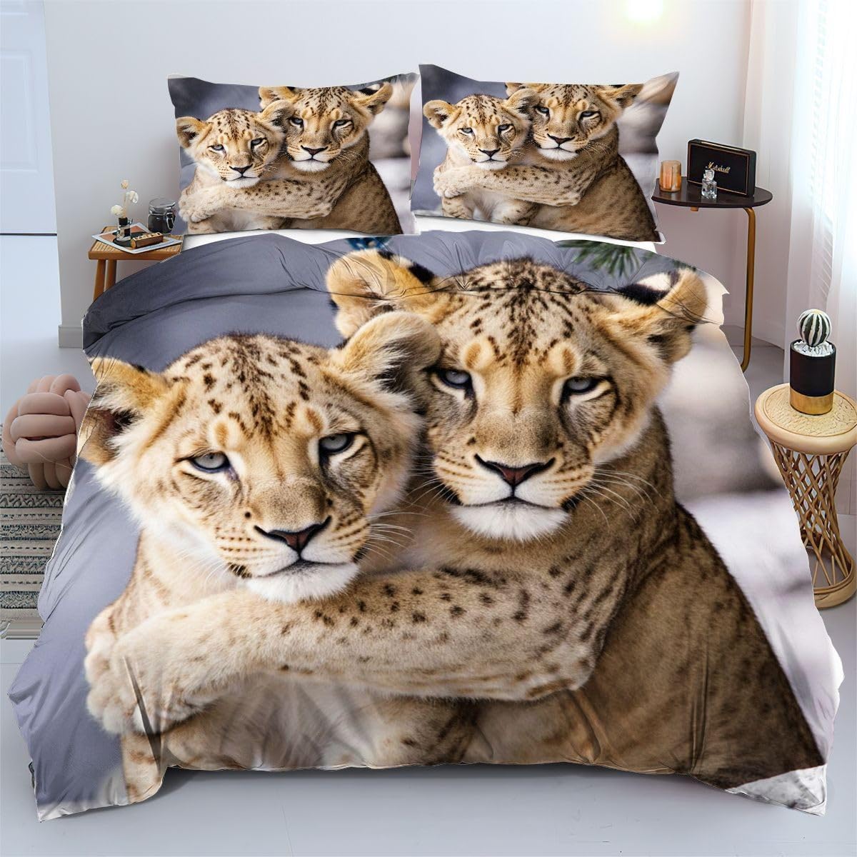 Housse de couette 240x260 cm lion jaune avec parure de lit chic en microfibre