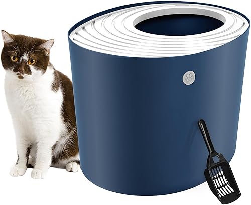 IRIS Caja de arena grande para gatos con cuchara, elegante caja de arena redonda para gatos, caja de arena para gatitos, azul marinoblanco