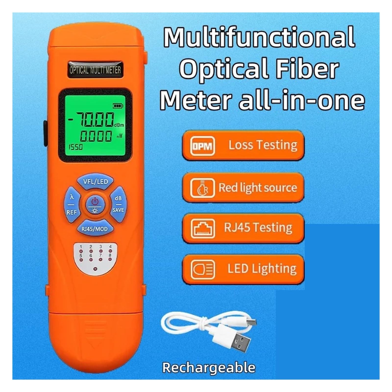 Mini medidor de potencia óptica C70/C50 OPM con localizador Visual de fallos (15/30/50mW VFL) probador de Cable de fibra óptica FTTH Fácil de leer(C70 50MW ADD FC-LC)
