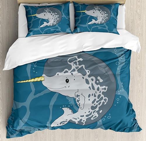 Ambesonne Narwhal - Juego de funda de edredón con diseño de dibujos animados de animales con cuerno de ballena del océano Ártico feliz nadando en el