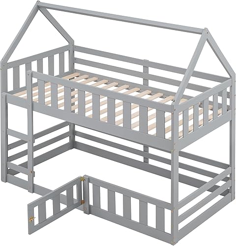 Miniatura 41 de Favfurish Cama de plataforma de casa de tamaño individual con cabecero y estribo, diseño de techo, cama de madera con forma de casa para niños y