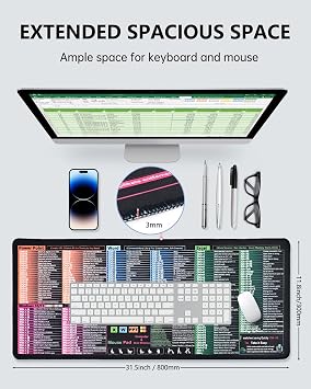 Excel Cheat Sheet Desk Pad, Large Office Desk Mat, Waterproof Mouse Mat