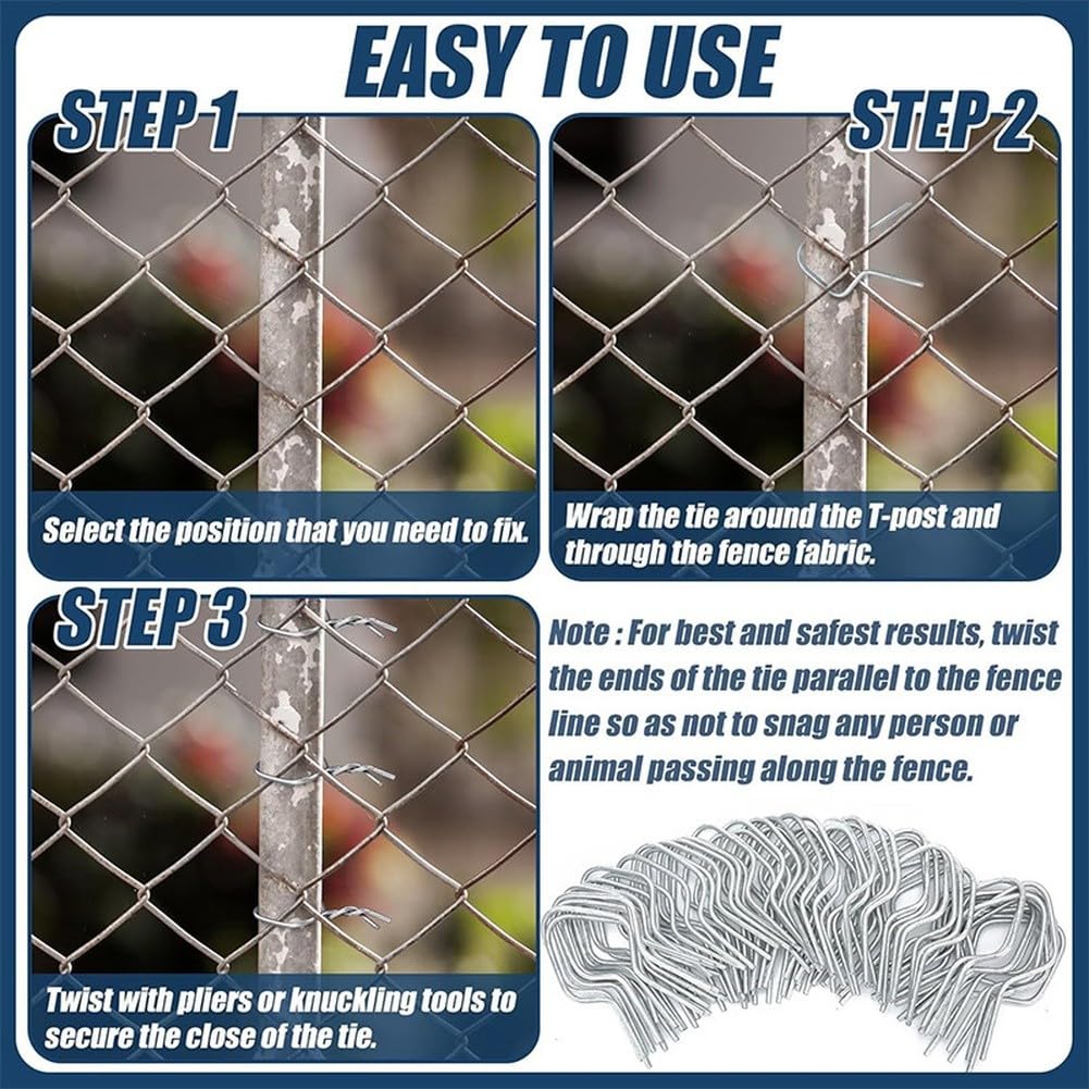 KiraKira Ocynkowane stalowe opaski ogrodzeniowe, 100 szt., szybkie mocowanie klipsów drucianych do słupka T Post U, trwały sprzęt ogrodzeniowy do użytku na zewnątrz