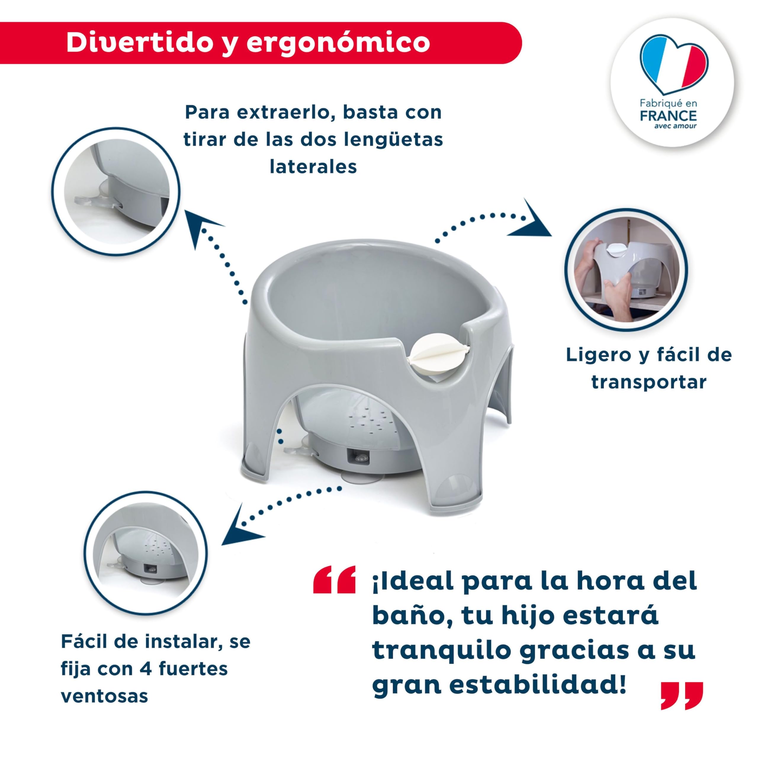 Thermobaby - Anillo de baño Bébé Aquafun - Asiento de Baño Cómodo y Divertido & - Diseño Ergonómico - Molino de Agua - Fácil Instalación - De 7 a 16 Meses - Made In France - Gris Charme
