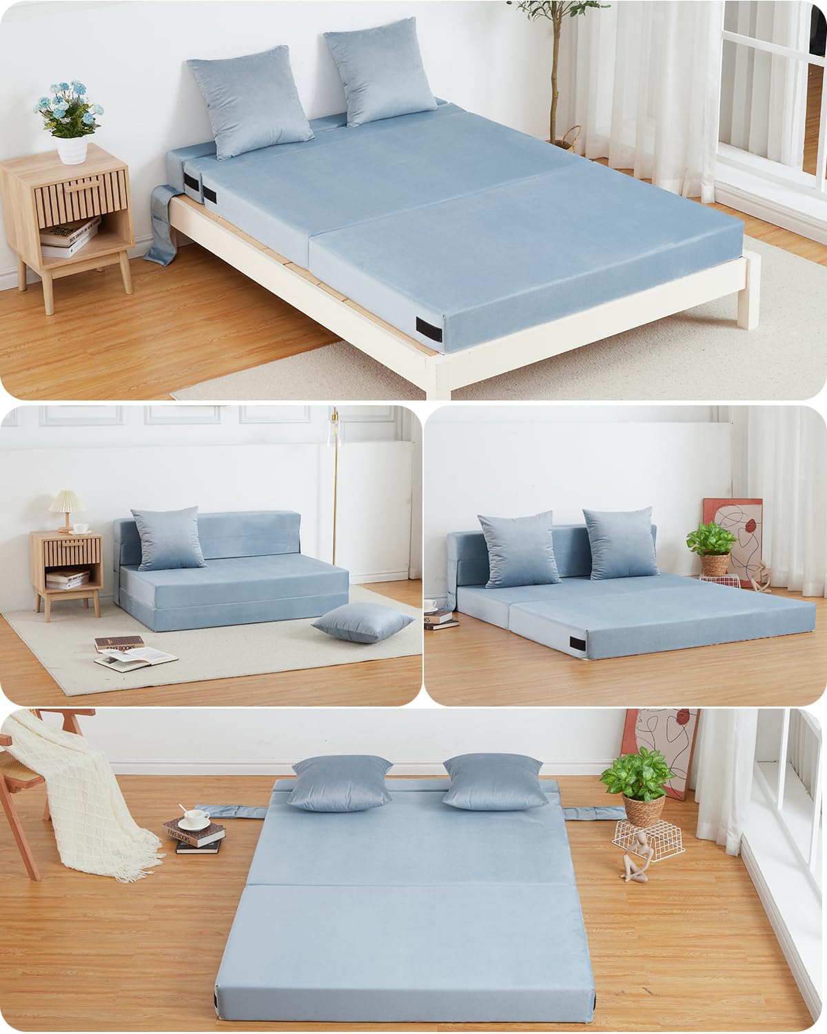 HAUSPROFI Schlafsofa mit Bezug aus Samtstoff & 2 Kissen, Bezug Abnehmbar, Waschbar, Klappmatratze mit Hochelastischer PU-Schwamm, Liegefläche 140CM x200CM (Blau)