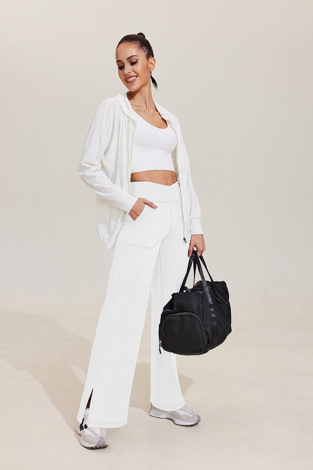 Pinspark Women's Cross High Waist High Stretch Wide Leg Pants with 2 Pockets