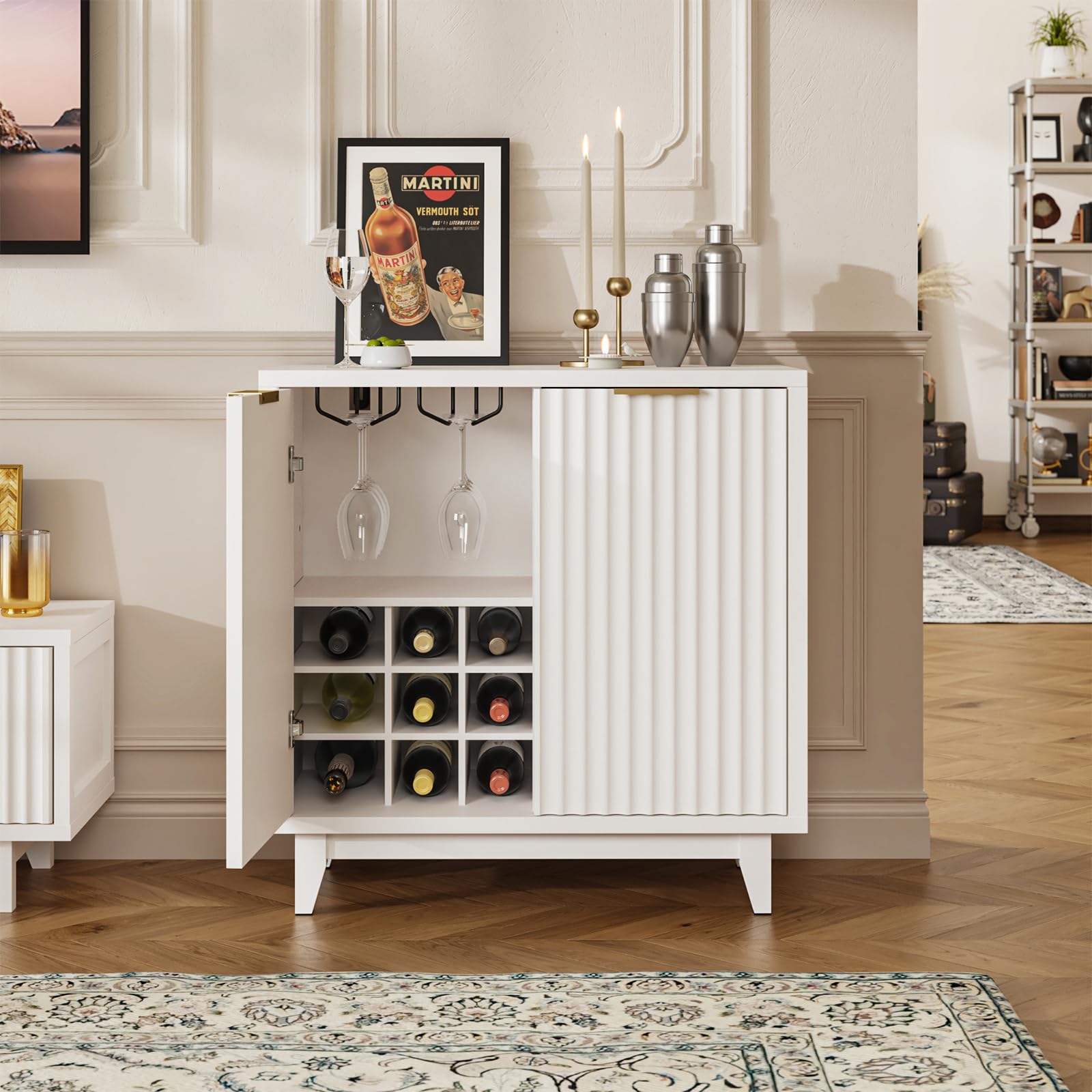Fluted Coffee Bar Cabinet with Storage, Modern Sideboard Buffet Cabinet with Removable Wine Rack, Drawer, Adjustable Shelf, White Liquor Cabinets for