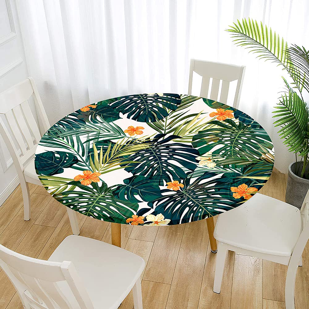 Fansu Monstera Leaf Round Tablecloth Waterproof Wipe Clean, Circular Tablecloths Fitted Elastic Edged, Stain Resistant Polyester Table Cover For Dinning Room Kitchen Picnic Party (,Diameter 180Cm)