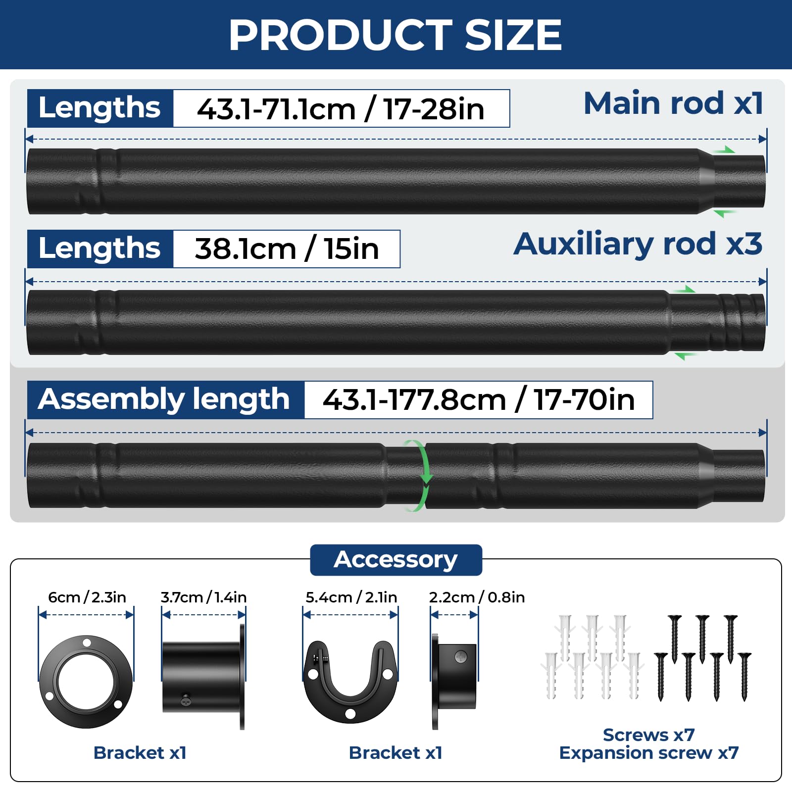 Snapklik.com : Closet Rods For Hanging Clothes,17 To 70 Inches Stepless