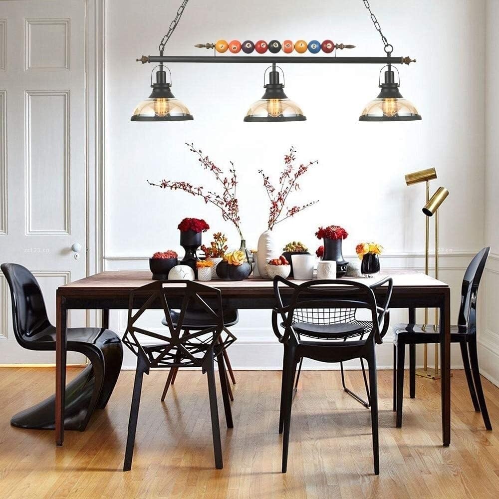 38.6" Pool Table Ceiling Light, 3-Light Billiard Table Linear Pendant Light Industrial Retro Ceiling Lamp with Colorful Balls for Game Room Kitchen Island