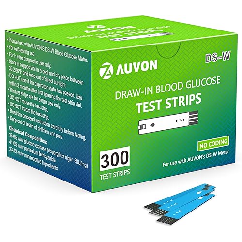 AUVON DS-W Draw-in Blood Glucose Test Strips for use with AUVON DS-W Diabetes Sugar Testing Meter (No Coding Required, 300 Count)