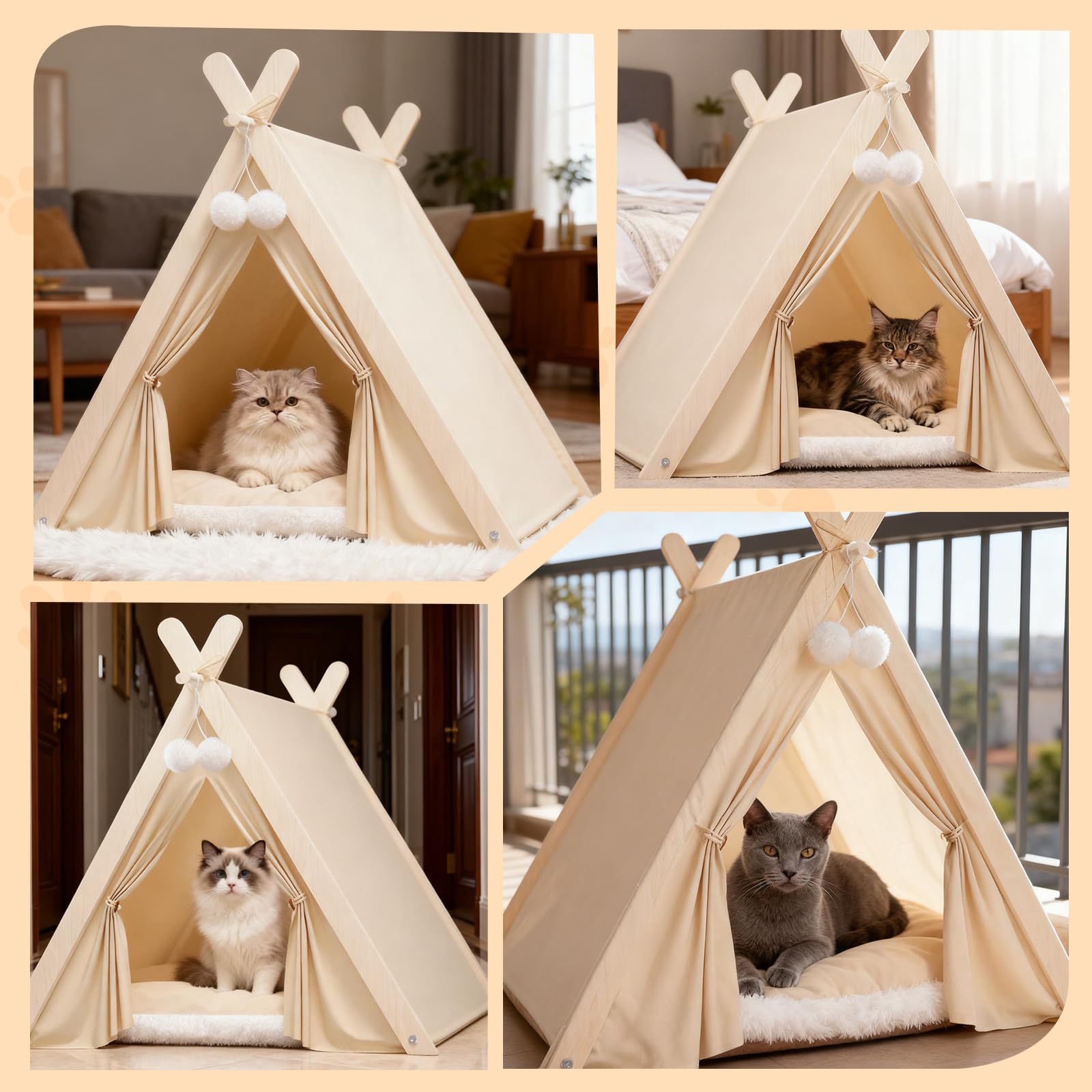 PETCUTE Haustier-Tipi Zelt für Katzen, Kätzchen und kleine Hunde, faltbares Hundezelt mit dreieckigem Holzrahmen und abnehmbarem, waschbarem Kissen, gemütlicher Katzenzelt für Indoor Outdoor,Beige