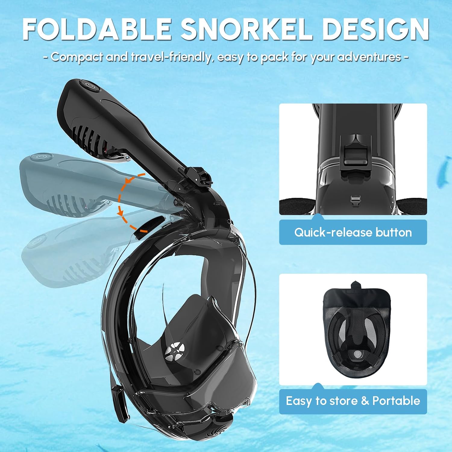 Yosmer Electric Full Face Snorkel Mask for Adults, Fan-Assisted Snorkeling Mask with Dry Top System, 180° Panoramic View, Anti-Fog Design, Foldable Travel Snorkel Gear