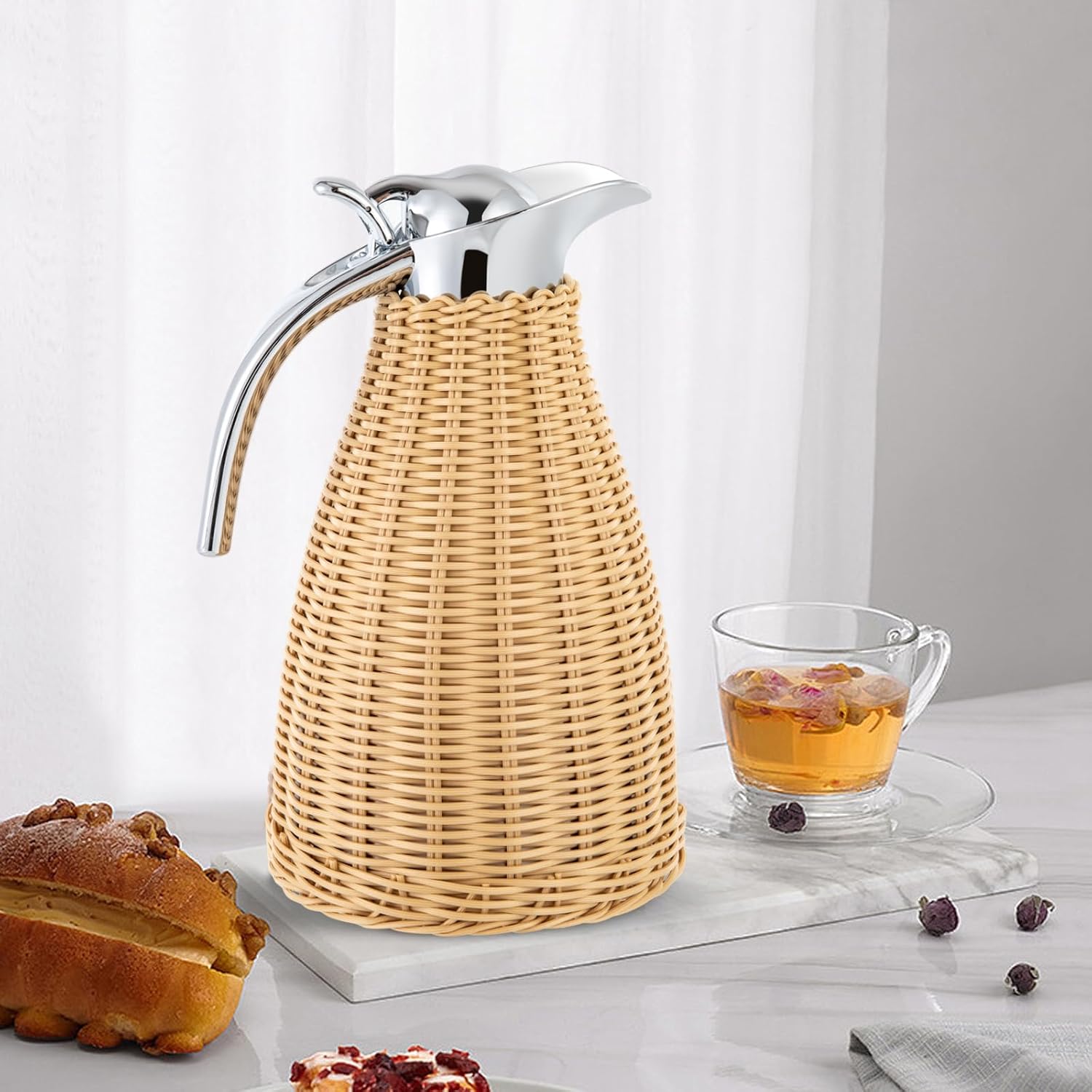Stainless Steel Coffee Thermal Carafe 1.5L Double Walled Vacuum Insualted Carafe with Handmade Rattan Body for Hot/Cold Water