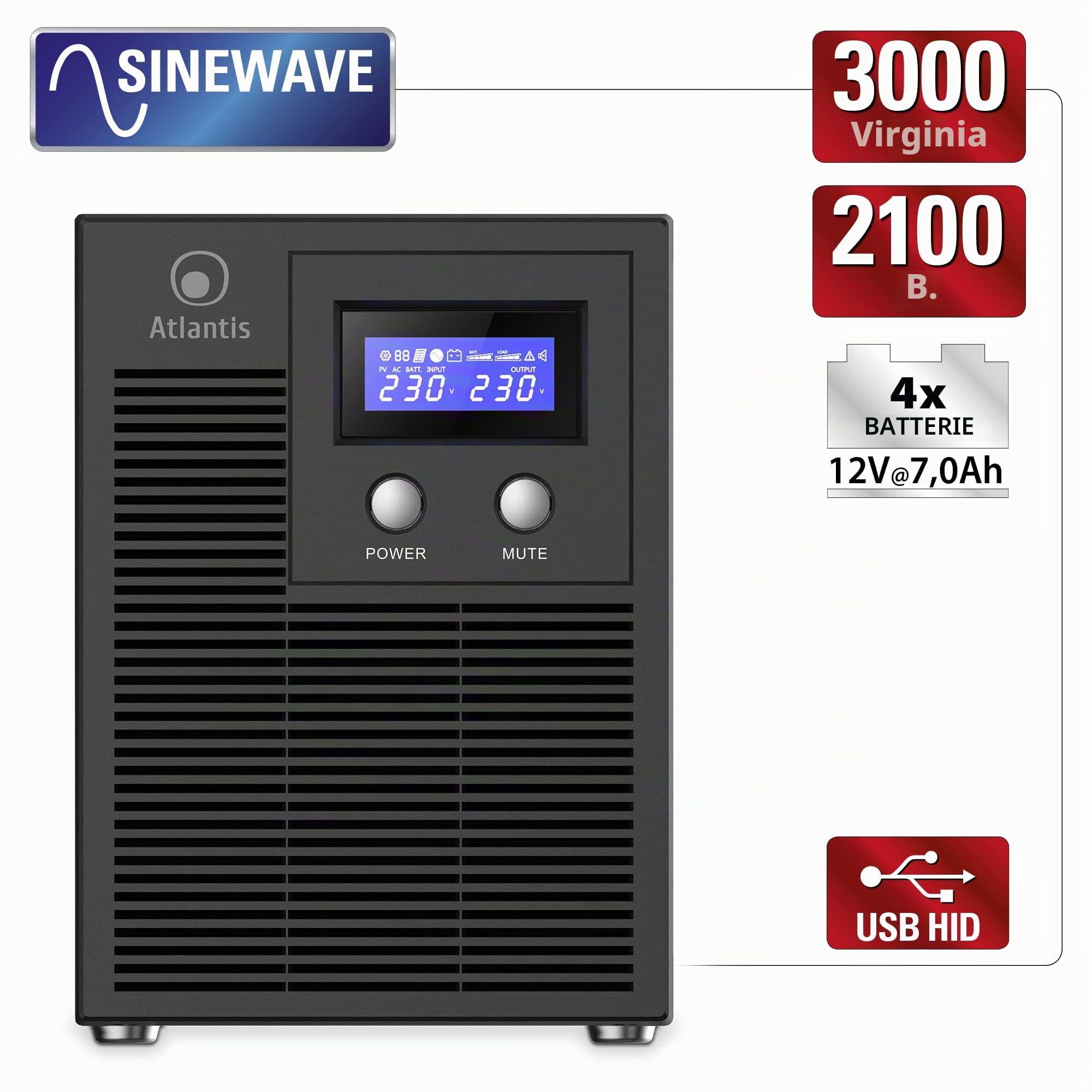 Atlantis A03-HP4003P Unterbrechungsfreie Sinuswelle 3000VA 2100W Line Interactive, LCD-Display, USB-HID-Anschluss, 6 IEC-Ausgänge, 4 12V-7Ah Akkus, RS232 serieller Port, SNMP-Slot, softwa