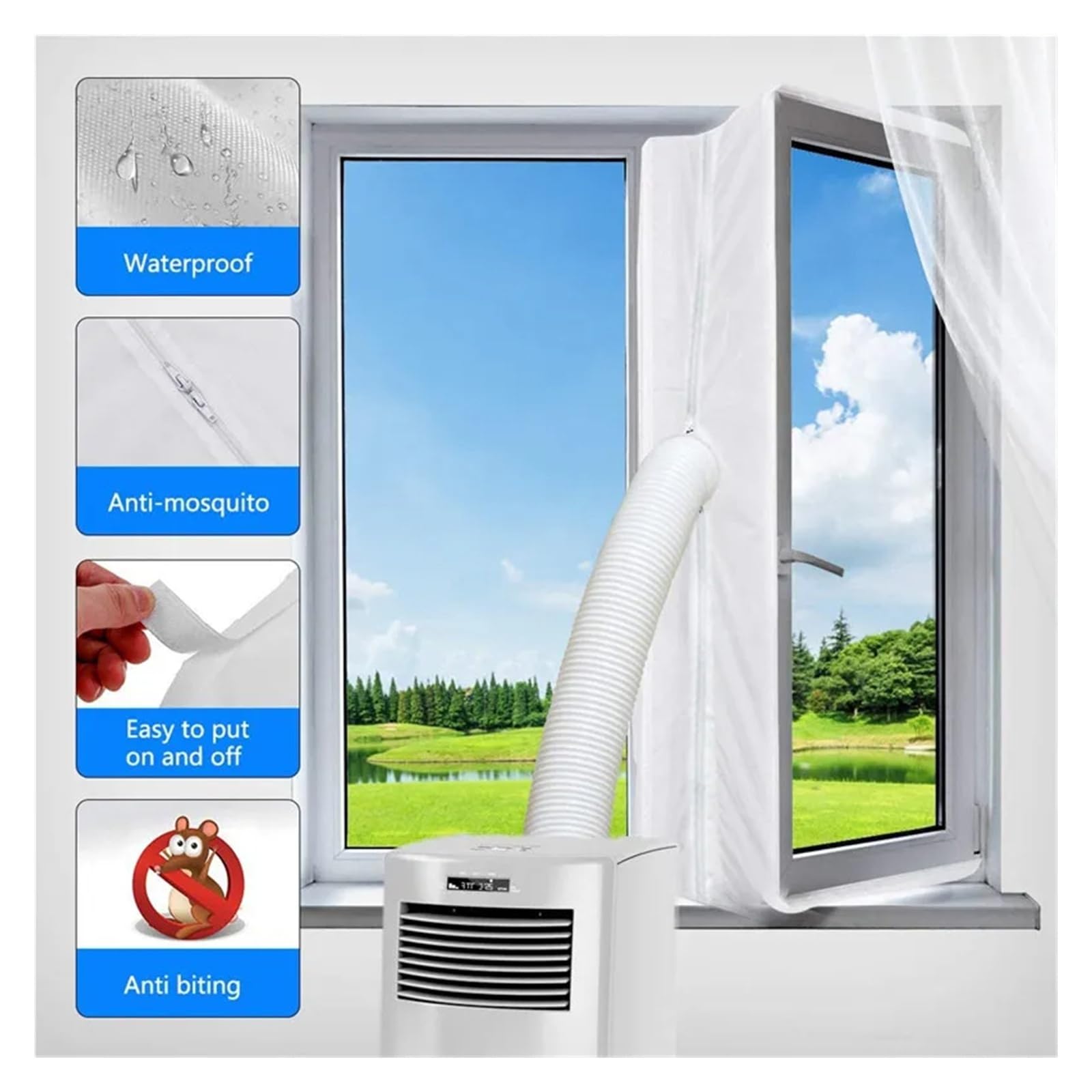 Panno sigillante for finestre AirLock 3/4/5 m con cerniera/adesivo for aria condizionata | Piastra di tenuta flessibile con cerniera e adesivo for finestre AC portatili da 3/4/5 m.(Single hole-4m)