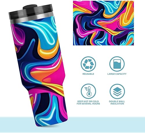 Miniatura 8 de Botella de agua reutilizable al vacío con textura abstracta irregular de neón colorida con tapa de pajilla, taza de café decorativa para la escuela,