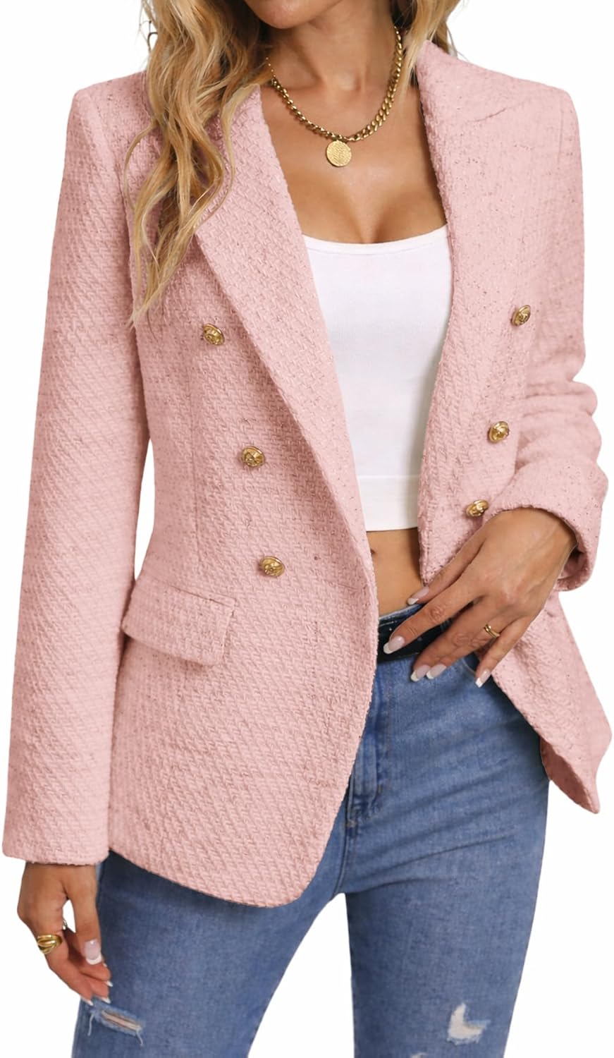 Mina Self 2026 Spring Women's Tweed Plaid Blazer Jacket - Fully Lined Fashion Business Casual Elegant Work Coat Pockets