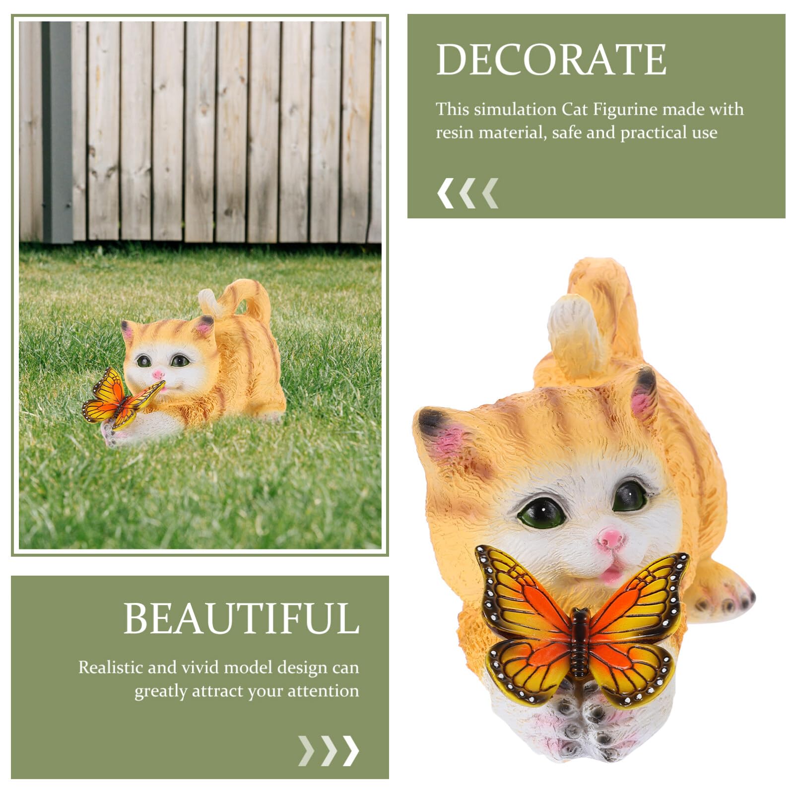 Happyyami Ornament Solar-Katzenstatue mit Schmetterling Outdoor-Gartenstatuen Kunstharz-Katze Dekorative Solar-Tierlampe Solarleuchten für Den Außenbereich Katze mit Schmetterlingslicht | Gelbe Ausführung, Dekoratives Katzenmodell für Raumgestaltung, Deta