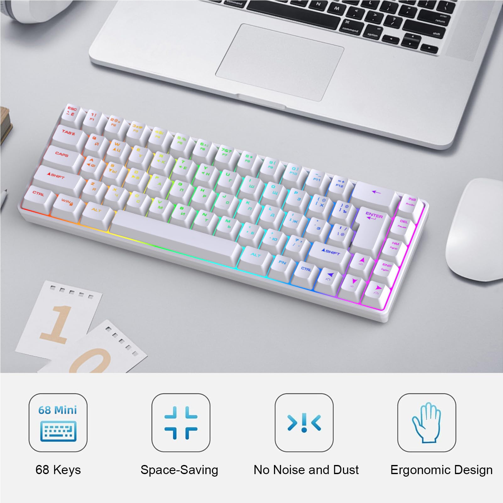 Annadue 68 Kluczowa Rosyjska Angielska Klawiatura Gier, Odwrotna Klawiatura Mechaniczna RGB z 18 Trybami Oświetleniowymi, USB Podłączonymi dla Graczy na PC (WHITE)