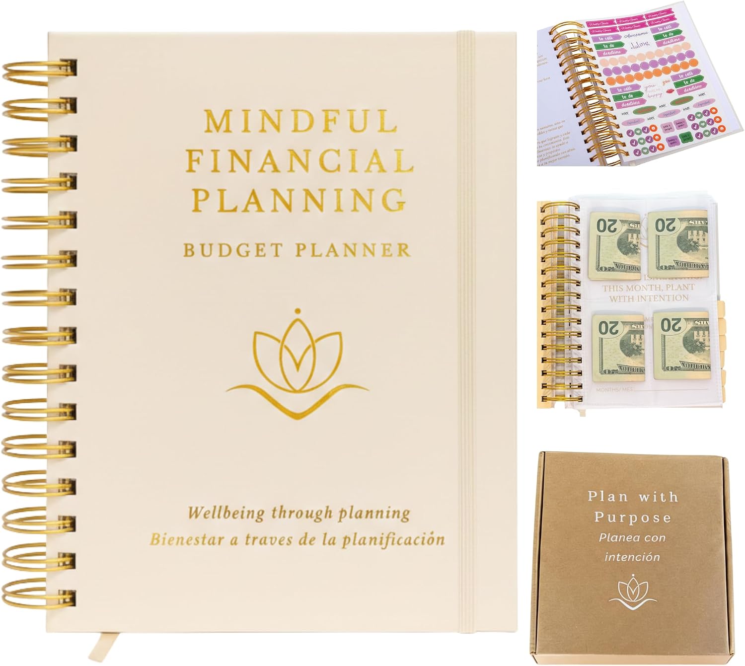 2-in-1 Budget Planner & Money Saving Binder, Undated Financial Planner with Monthly Bill Organizer & Expense Tracker, A5 Wide, Bilingual (ES/EN), 12 Transparent Savings Sheets with 48 Cash Pockets.