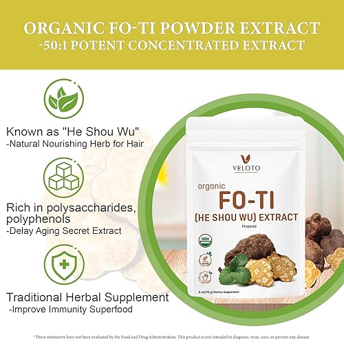 Miniatura 3 de VELOTO He Shou Wu orgánico en polvo de extracto puro de FO-TI, suplemento tradicional antienvejecimiento a base de hierbas natural antioxidante,