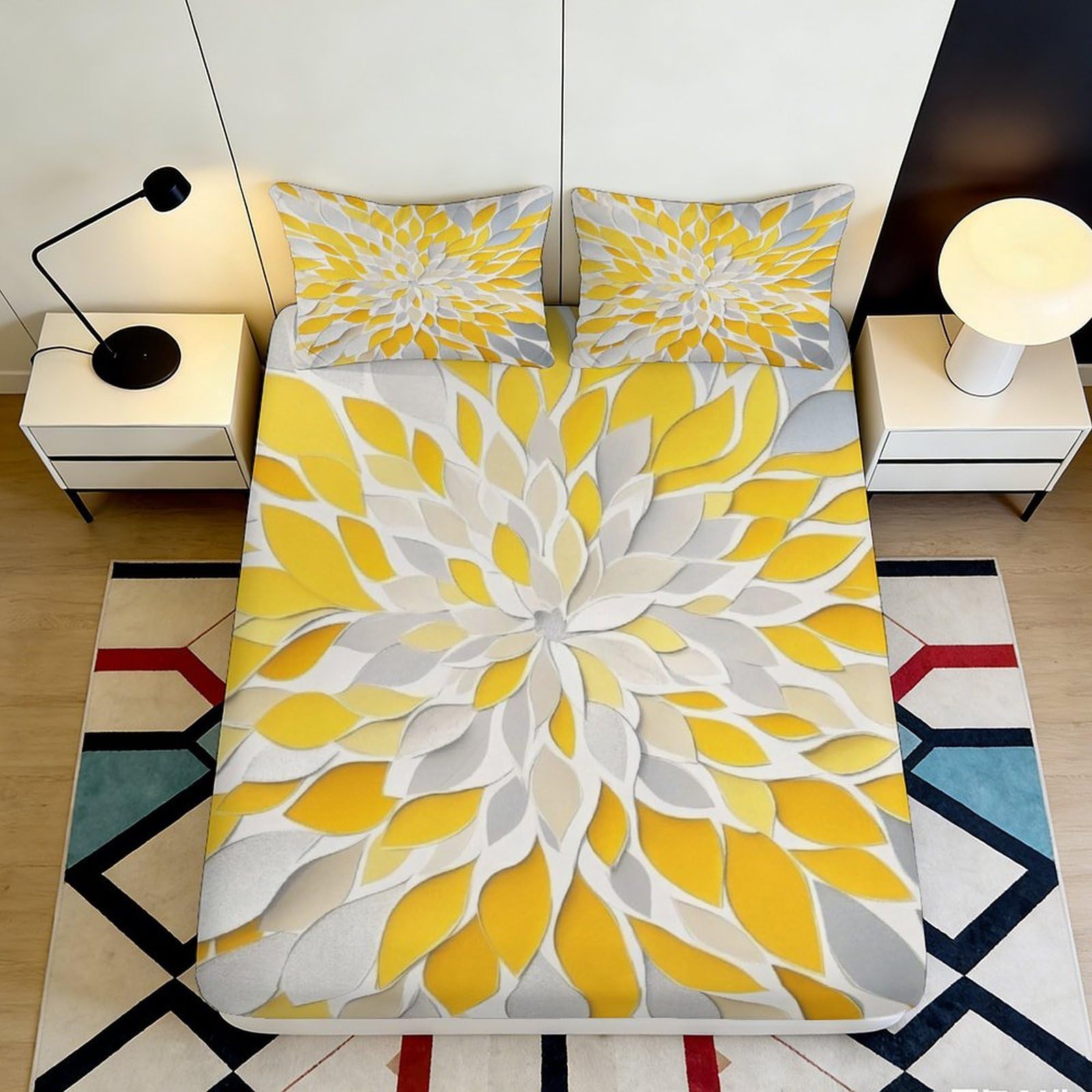 Uxinyoume Style-9 3D Printed Yellow Floral Fitted Sheet Microfiber Soft Durable White Petal Bed Cover For Bedroom Guest Room Decor 90X200x25cm