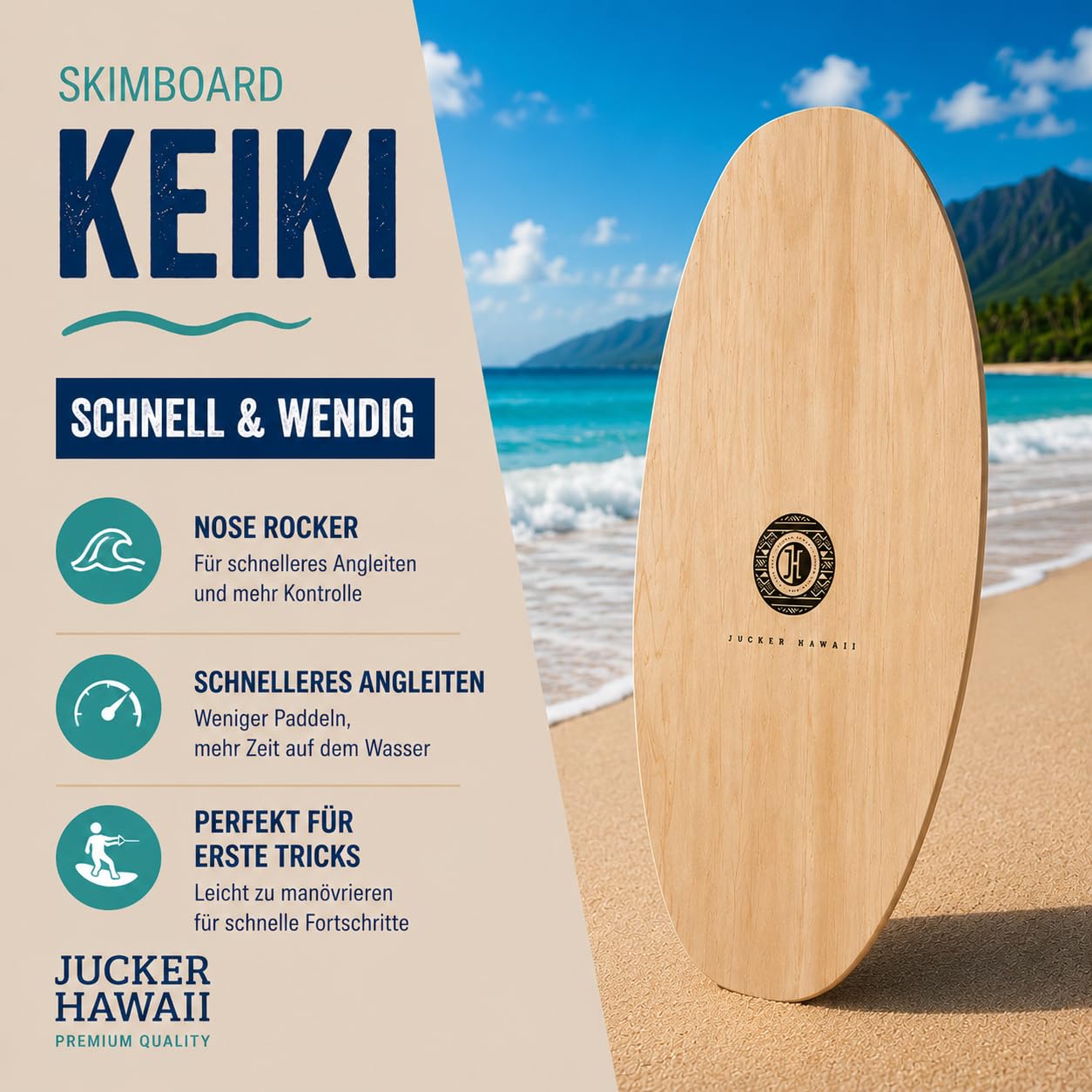 JUCKER HAWAII Skimboard KEIKI 90 cm | 5-lagiges Holz, Für Kinder & Erwachsene (25–90 kg), Anfänger & Fortgeschrittene, Für Meer, See & Fluss