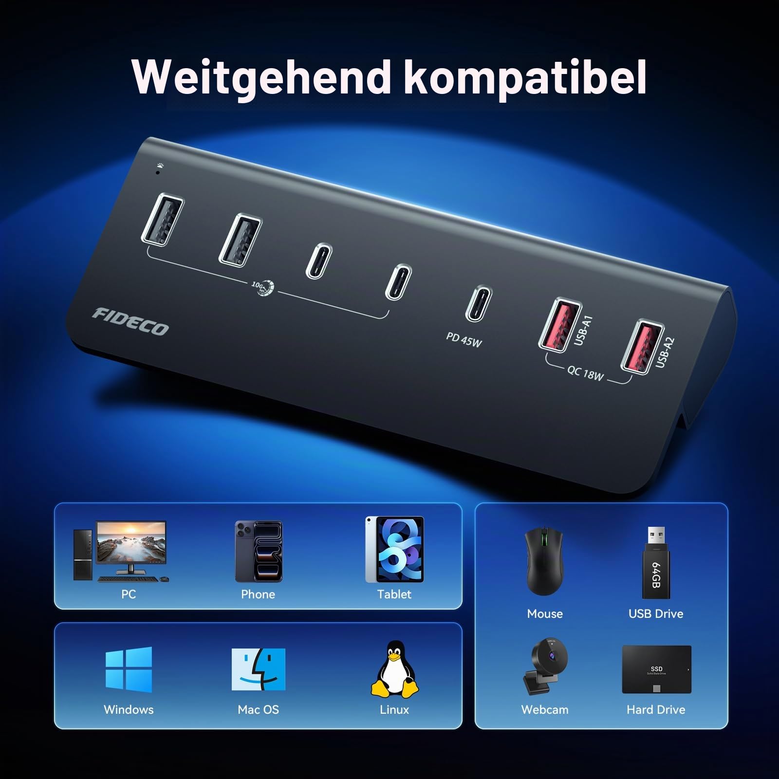 FIDECO 7-Ports 72W USB Hub mit Netzteil, USB Hub Aktiv mit 1 PD 45W, 2 QC 3.0 Charging Port und 4 USB 3.2 10Gbps Ports (2 USB A+2 USB C), Aluminium für Laptop, PC, MacBook, iPhone 17/16/15