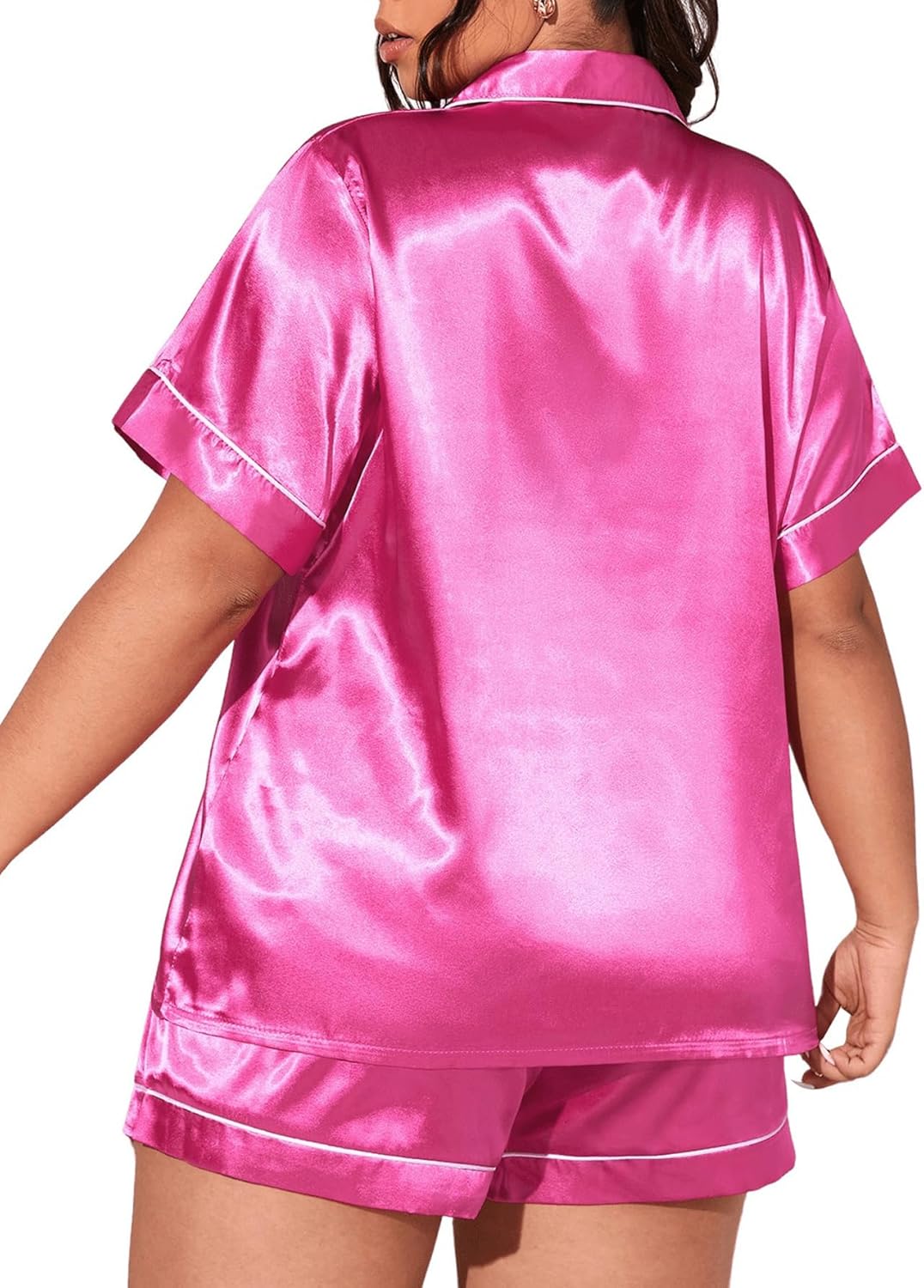 WDIRARA Women's Sleepwear Button Front Short Sleeve Collar Shirt and Shorts Satin Pajama Set - Image 2