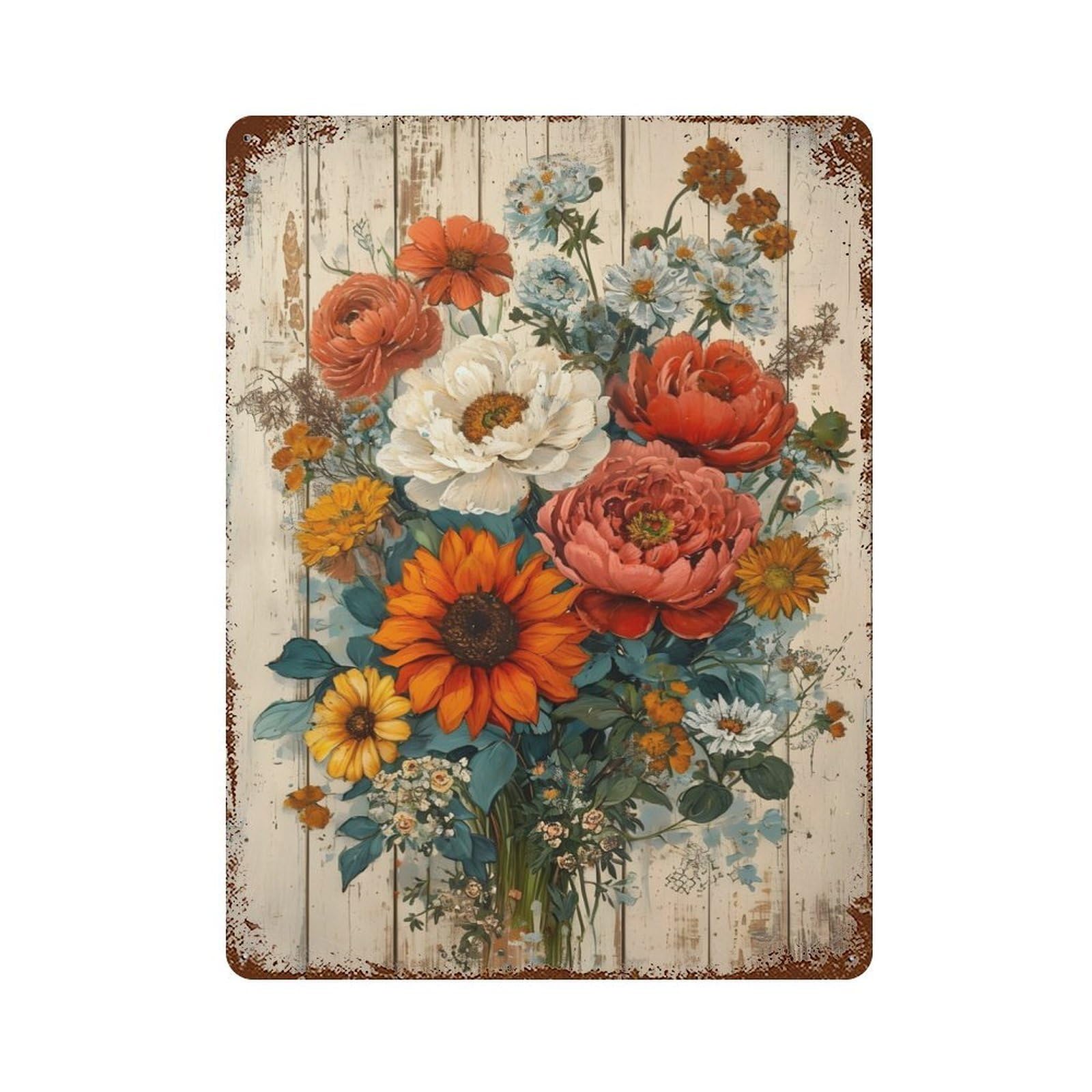 Rust Effect Flowers Vintage Retro Metal Sign 15.7"x11.8", Farmhouse Wall Decor for Living Room, Hallway And Home Decor