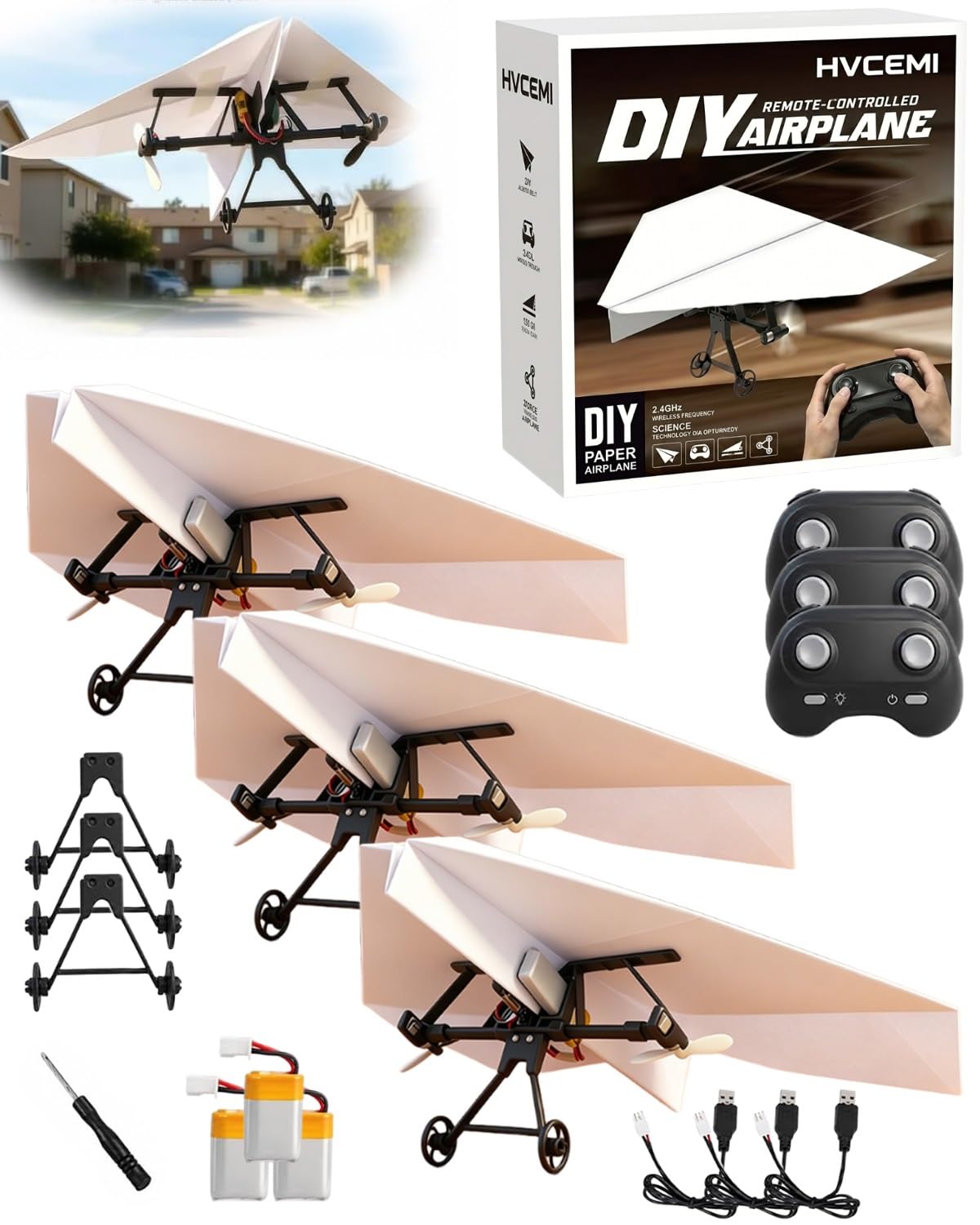Rc Paper Airplane Motor Kit DIY Model Airplanes Launcher Construction Set with Gyro Stabilizer Dual Propellers Foldable Electric Remote Control Paper Plane Drone Stem Toy Tech Gadgets Gifts(3Pcs Set)