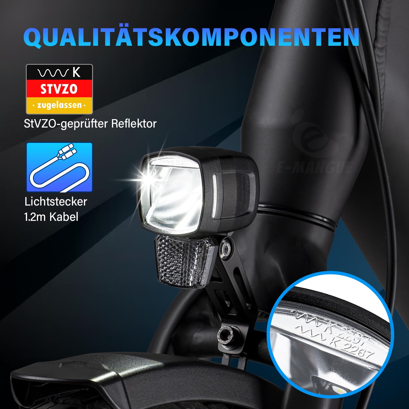 E-Bike Dynamo LED Fahrradlicht Vorne, 30-120 LUX StVZO Zulassung Frontlicht, Fahrradlicht mit Reflektor, Fahrrad Scheinwerfer, Fahrradlampe Frontlicht für E-Bikes/Dynamo